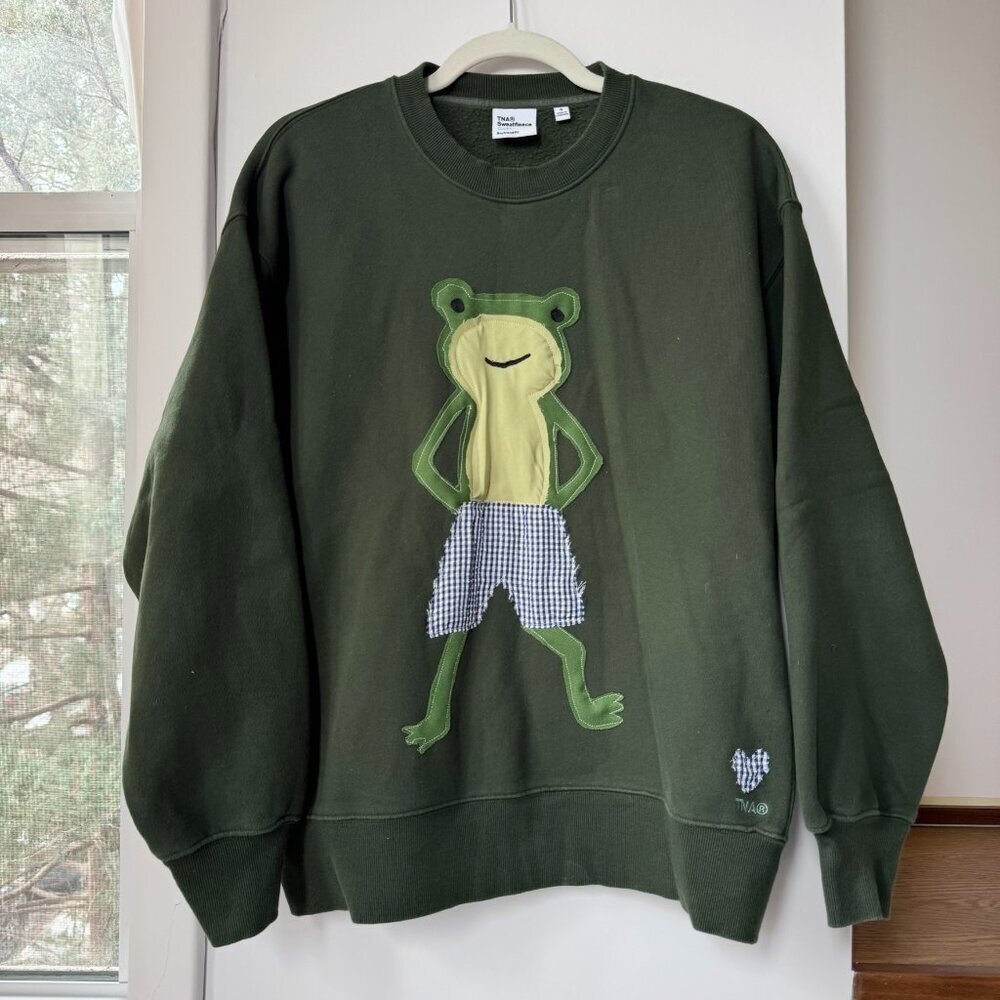 Aritzia TNA Cozy Fleece Boyfriend Crew Sweatshirt Frog Embroidered Small Green